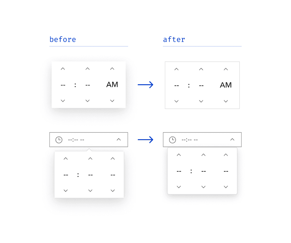 Time Picker before and after the shadow update, now with a reduced and more clear shadow and a rounded border