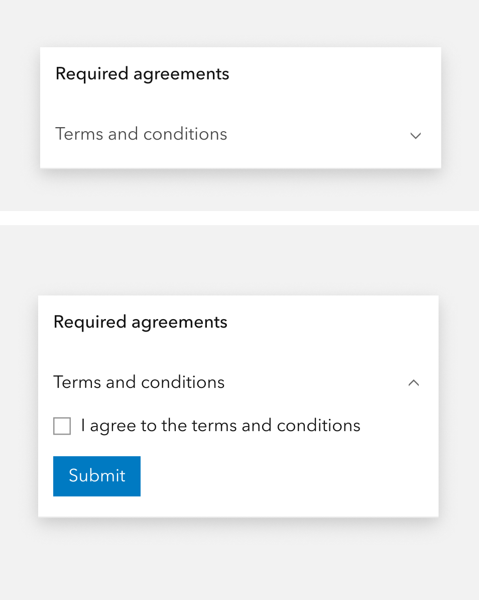 A Block Section that contains a terms and conditions form. When expanded, the Block Section provides context. When collapsed, essential information on the terms and conditions is not displayed.
