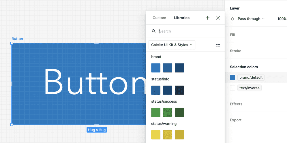 Calcite Figma Web UI Kit with global tokens including brand, status/info, status/success, and status/warning depicted in the Button component.