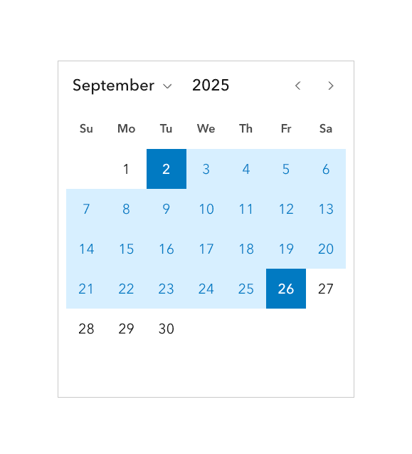 Date Picker displaying a single month view with a range of dates selected