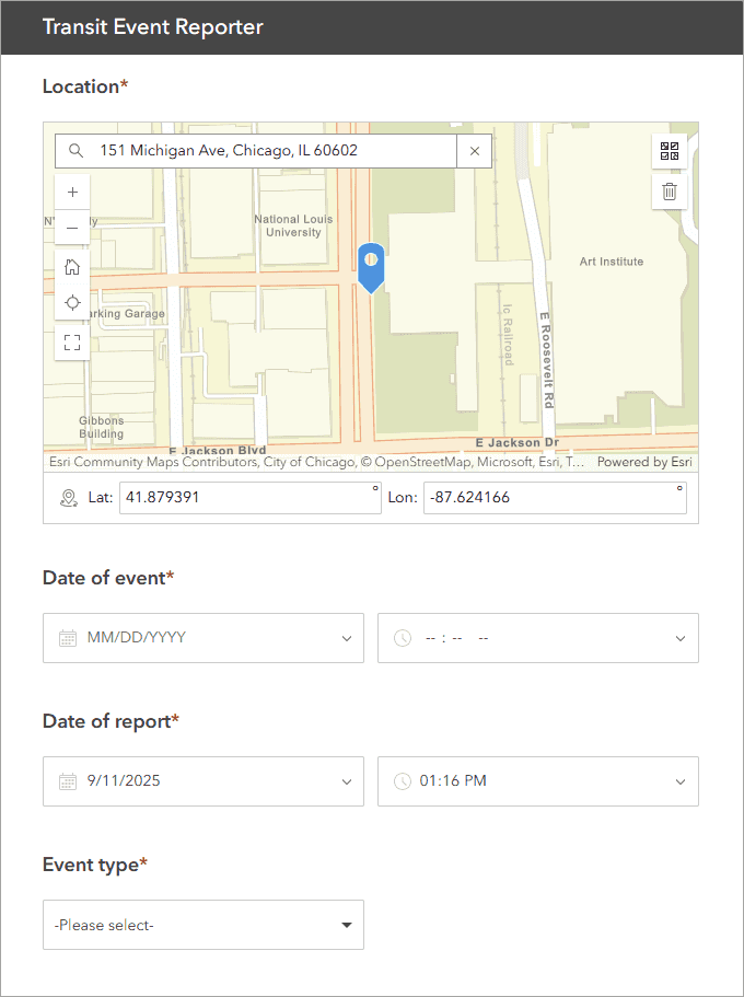 ArcGIS Survey123 Transit Event Reporter