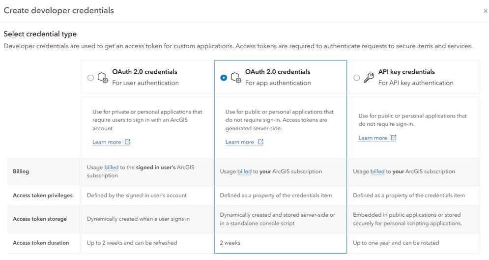 The first window of the Developer credentials creator with the OAuth 2.0 credentials (for App authentication) option selected. The account used is an ArcGIS Online account.