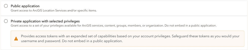The Public application and Private application with selected privileges settings of the developer credentials tool. Both workflows create access tokens with selected privileges.