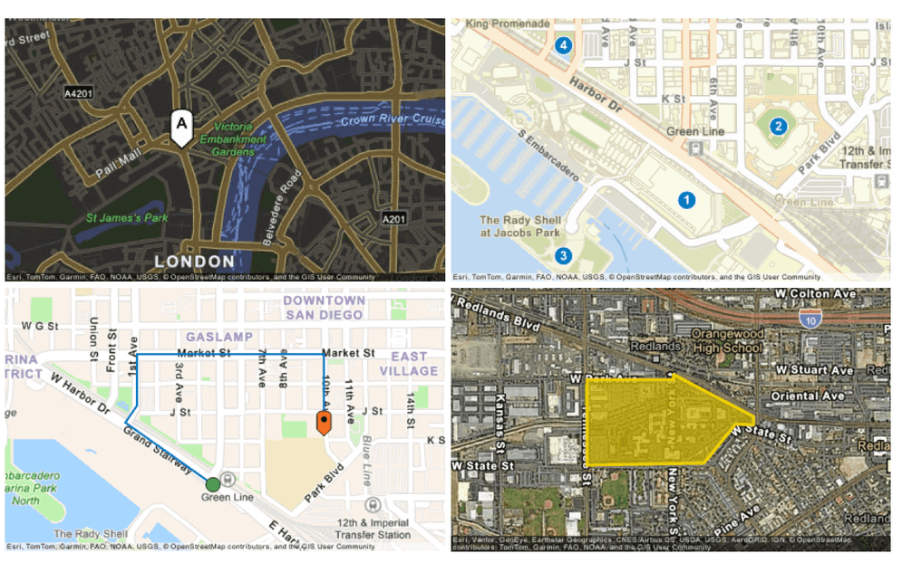 Examples of static maps with a point, multiple points, a polyline, and a polygon graphic.