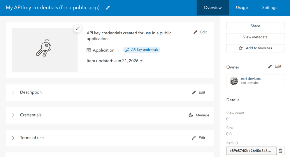 Item page for an API key credentials item. The item is titled "My API key credentials (for a public app)" and has a type of "Application", with a badge that says "API key credentials".