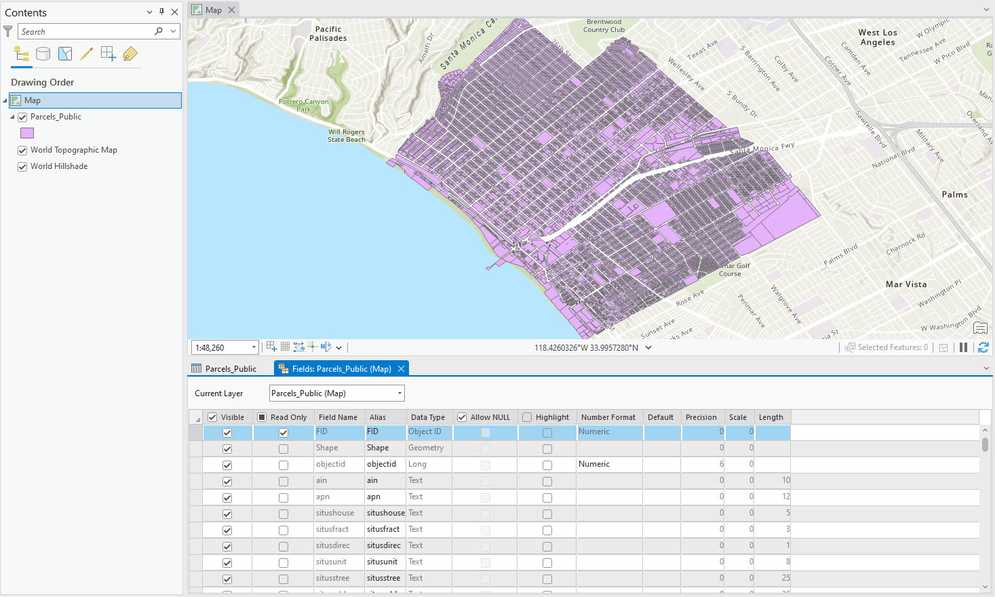 Fields from the parcels layer