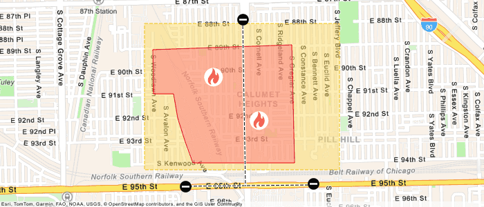 Static map response showing multiple incident geometries for active fires, road closures, and evacuation zones.