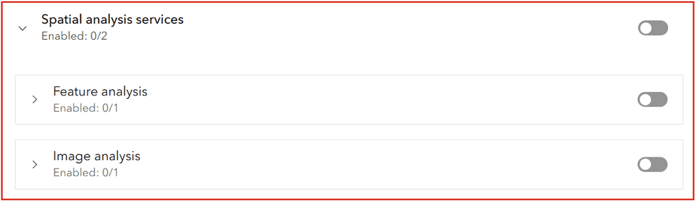 Selected spatial analysis privileges are disabled: Feature analysis service and Image analysis service.