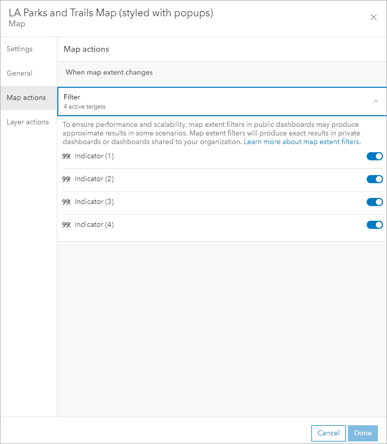 Dashboard element actions