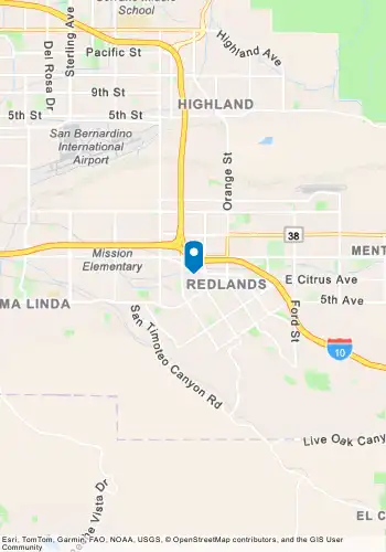 Static map response showing the location of the Esri headquarters in Redlands, California. The map uses the ArcGIS Navigation basemap style and has a blue pin symbol at the center.