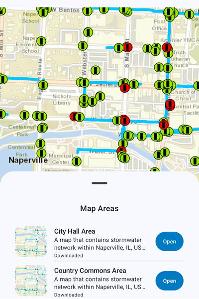 OfflineMapAreasView toolkit component showing a list of ahead-of-time offline map areas.