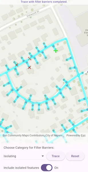Image of a utility network with an isolation trace applied to it