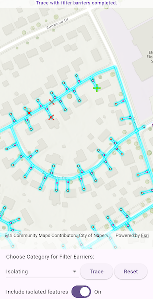Image of a utility network with an isolation trace applied to it