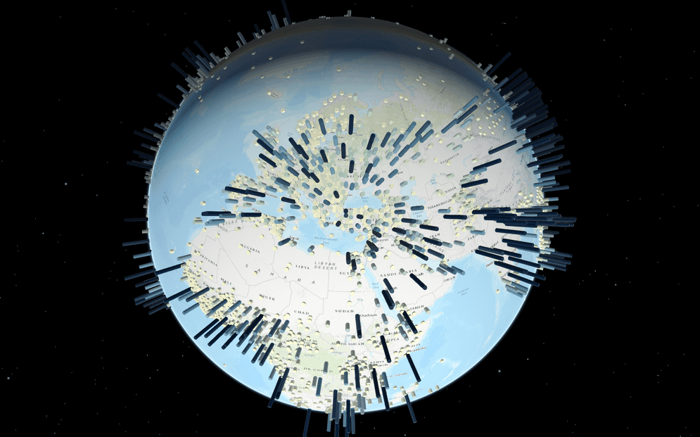 Global scene displaying world population data.