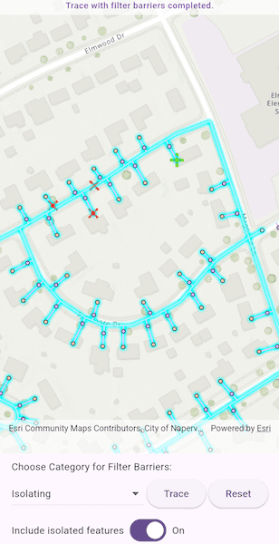 Image of a utility network with an isolation trace applied to it