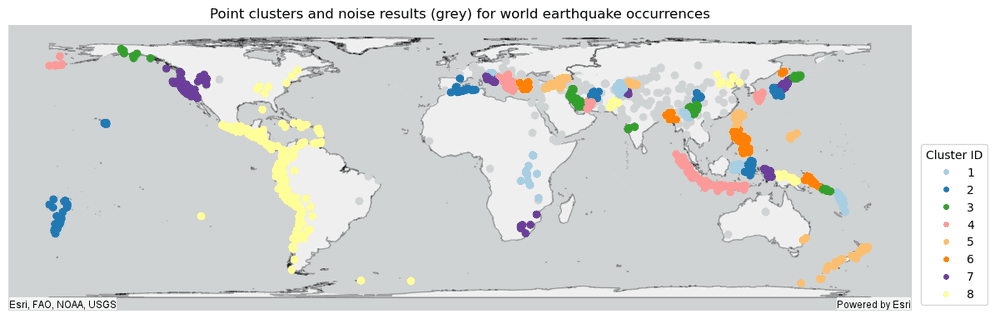 Plotting example for a Find Point Clusters result. Global earthquake clusters are shown.