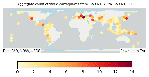 Plotting example for an Aggregate Points result. Count of world earthquakes is shown.