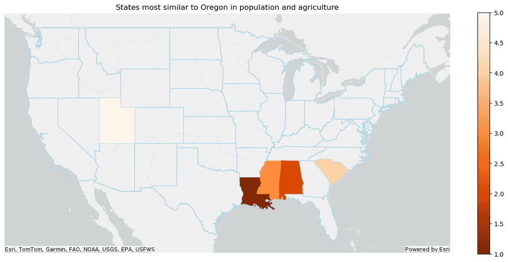 Plotting example for a Find Similar Locations result. USA states most similar to Oregon in agriculture and population are shown.
