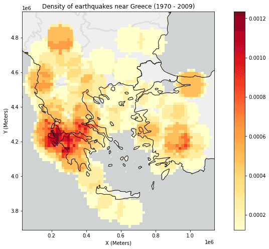 Plotting example for a Calculate Density result. Earthquake density near Greece is shown.