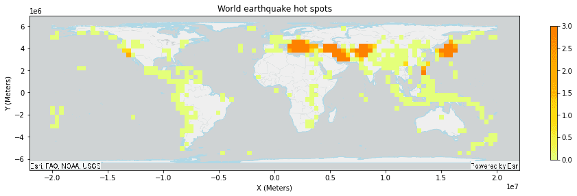 Plotting example for a Find Hot Spots result. Global earthquake hot spots are shown.