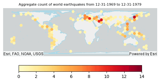 Plotting example for an Aggregate Points result. Count of world earthquakes is shown.
