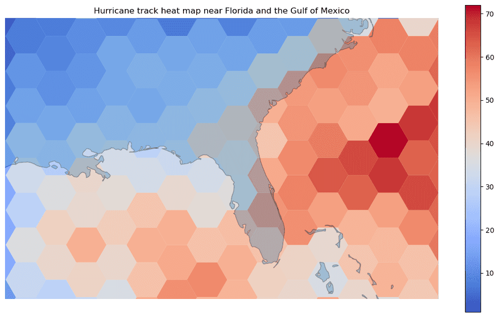 Plotting example for a Summarize Within result. Hurricane tracks summarized into hexagon bins is shown.