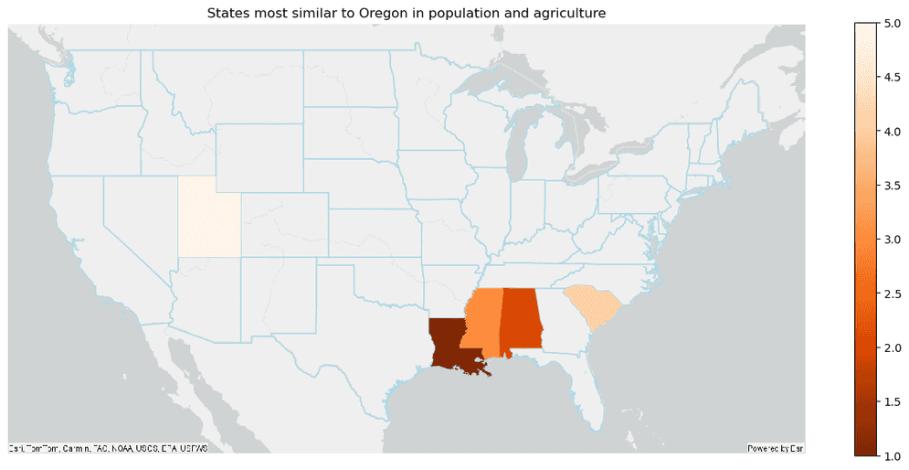 Plotting example for a Find Similar Locations result. USA states most similar to Oregon in agriculture and population are shown.