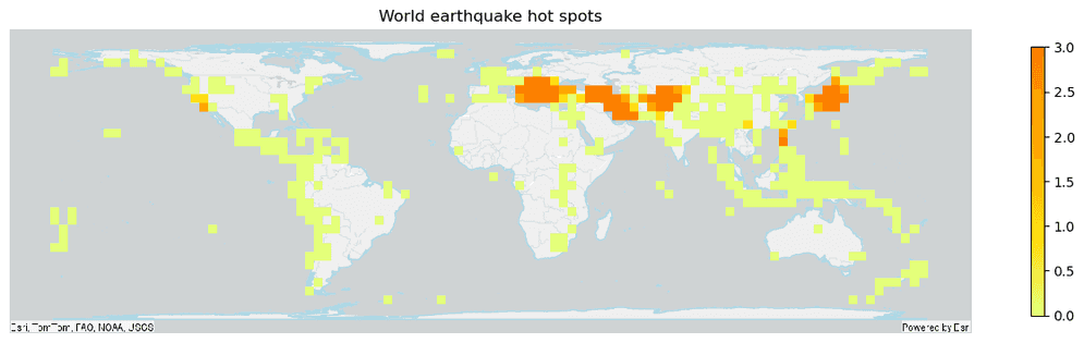 Plotting example for a Find Hot Spots result. Global earthquake hot spots are shown.