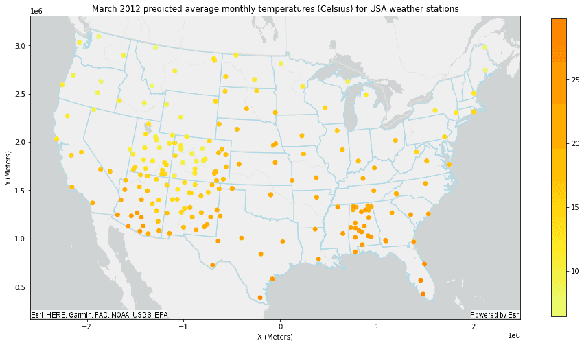 Plotting example for a Geographically Weighted Regression result. Predicted monthly temperatures for USA weather stations are shown.