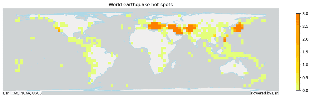 Plotting example for a Find Hot Spots result. Global earthquake hot spots are shown.