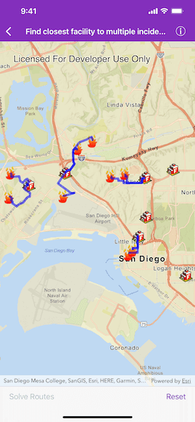Screenshot of Find Closest Facility to Multiple Incidents Service sample