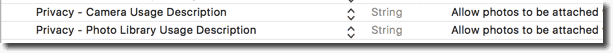 Info.plist with camera usage description entry