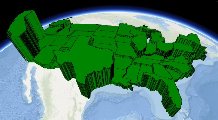 US state polygons extruded in height based on population. US state polygons extruded in height based on population.