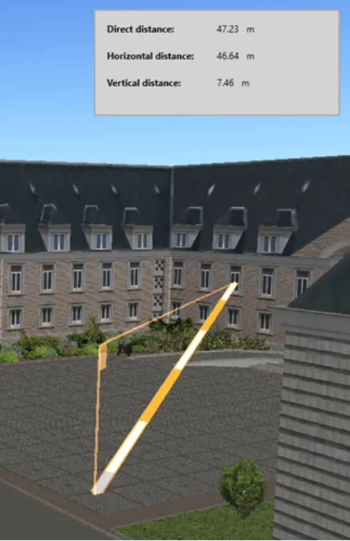 3D scene view showing location distance measurements (direct, horizontal, and vertical)