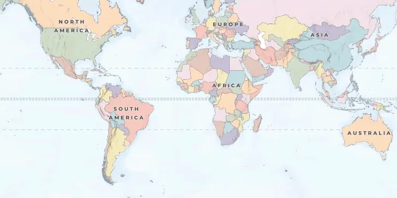 A world map with wraparound mode enabled for continuous east-west panning A world map with wraparound mode enabled for continuous east-west panning