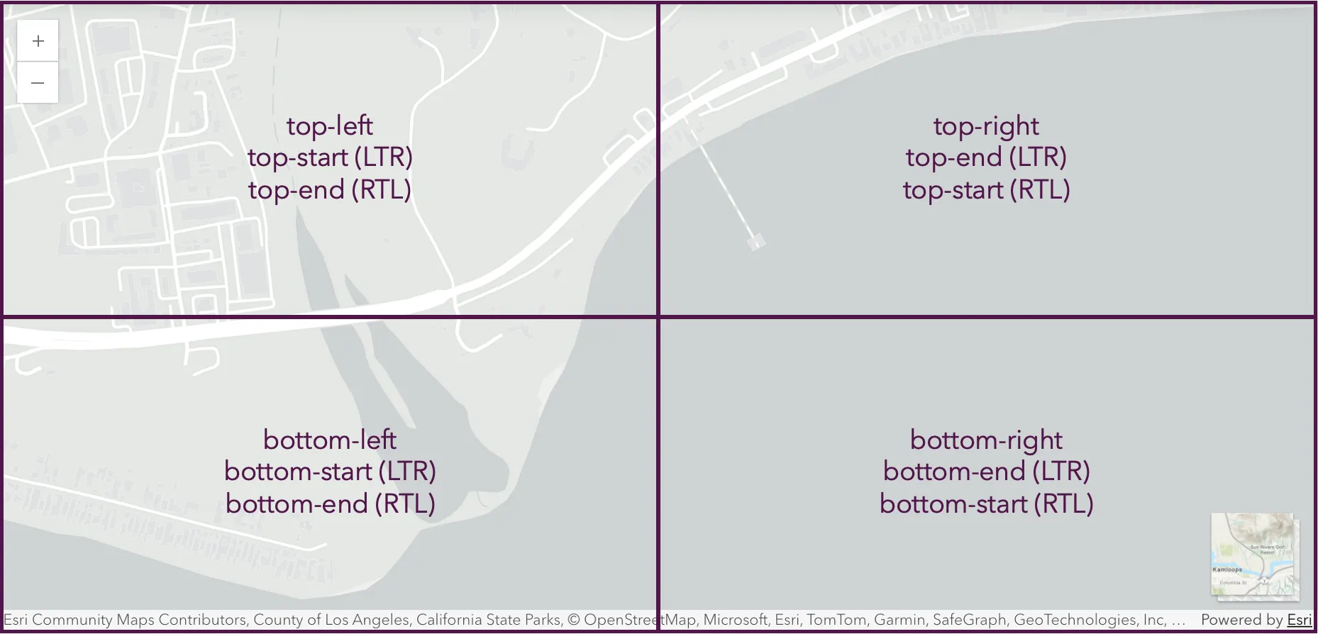 Slots in an arcgis-map component, the Zoom component is placed in the top-left slot and the Basemap Toggle component is placed in the bottom-right
