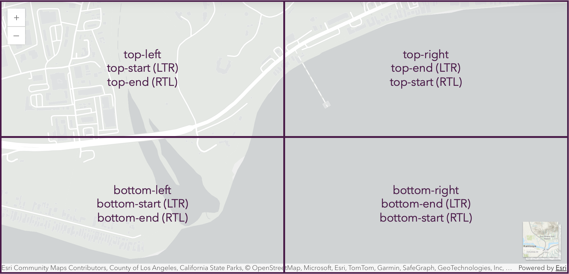Slots in an arcgis-map component, the Zoom component is placed in the top-left slot and the Basemap Toggle component is placed in the bottom-right