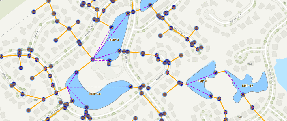 Or a utility network and associations to model a storm water network.