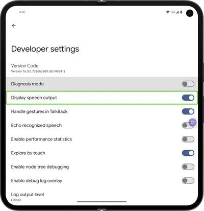 TalkBack developer settings used while testing
