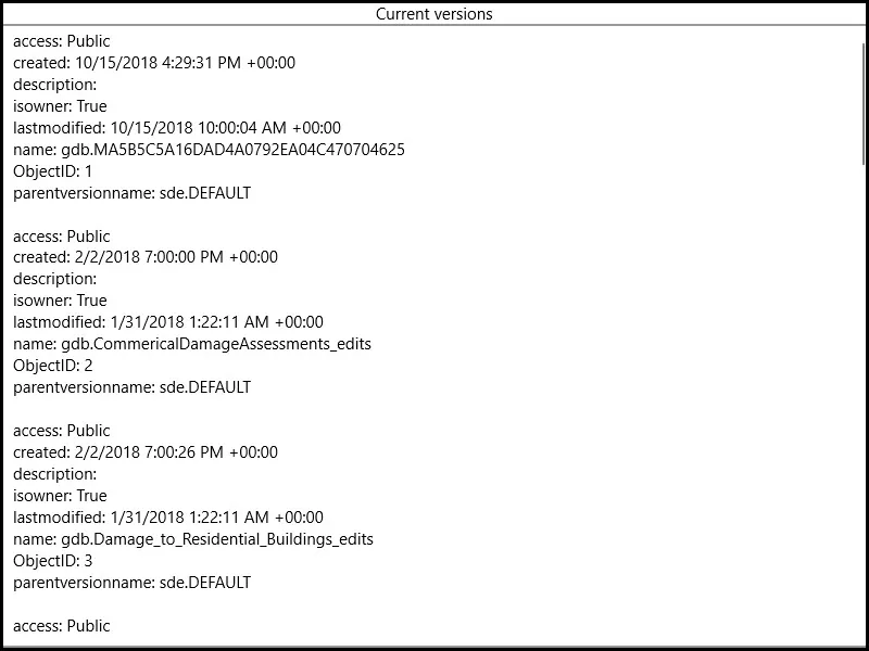 Image of list geodatabase versions