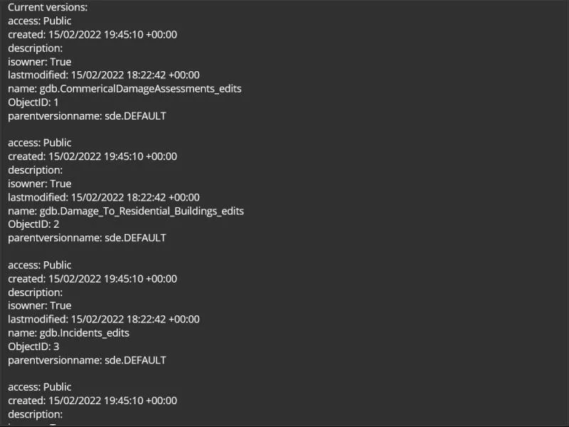 Image of list geodatabase versions
