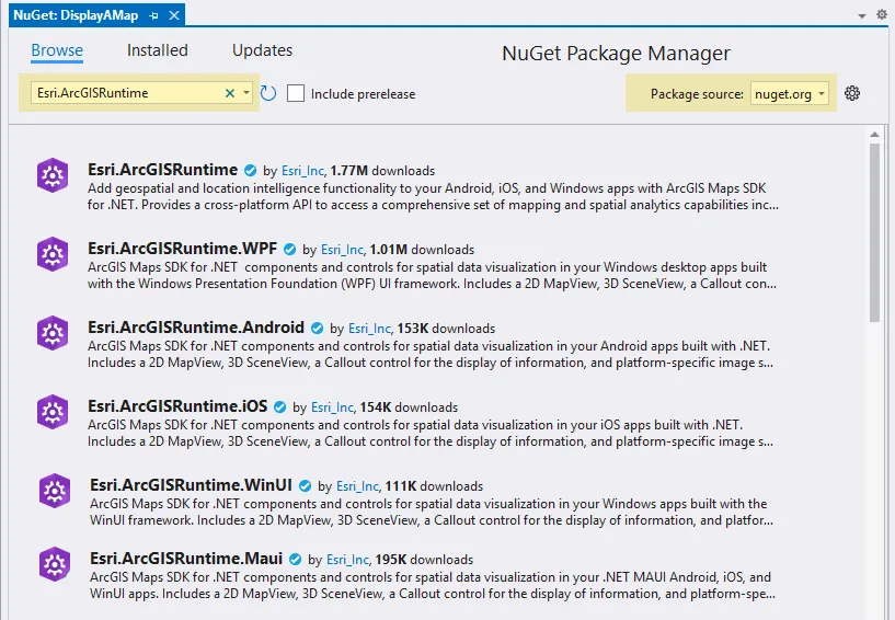 Visual Studio nuget selection