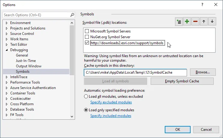 Visual Studio debug symbol options