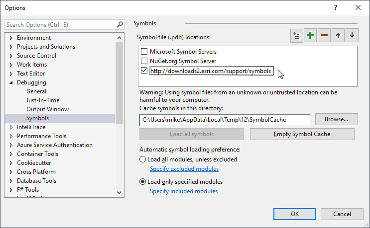 Visual Studio debug symbol options