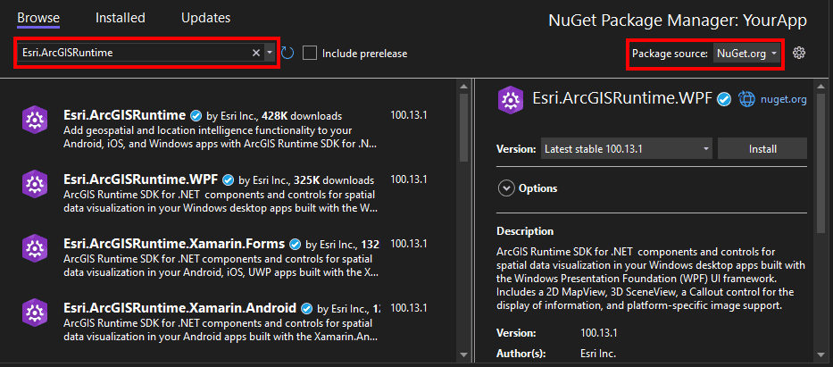 Visual Studio nuget selection