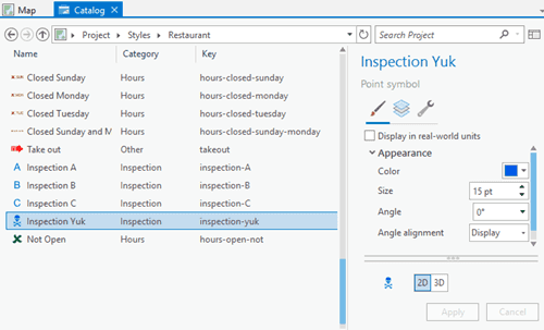 Catalog for managing custom styles in ArcGIS Pro.