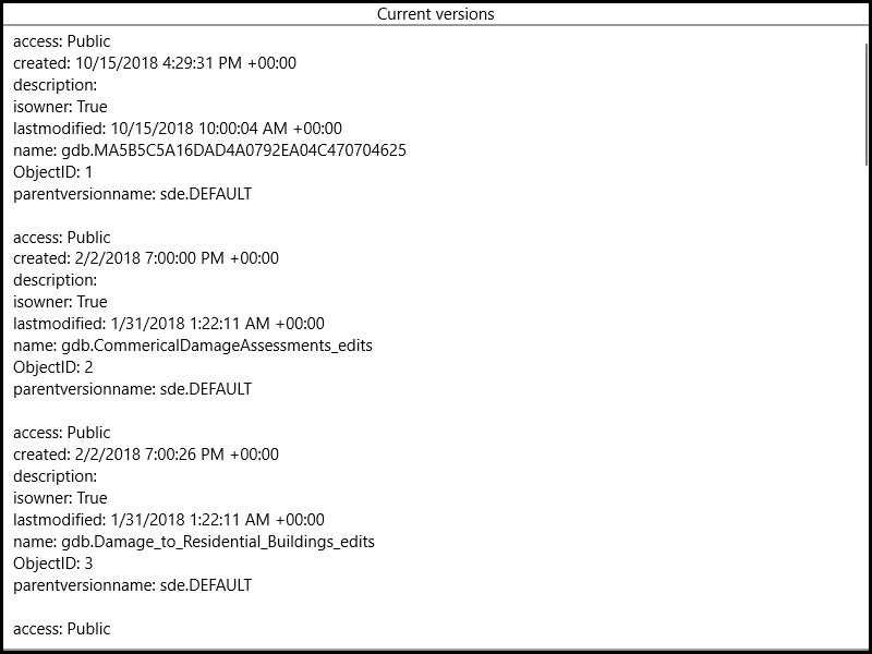 Image of list geodatabase versions