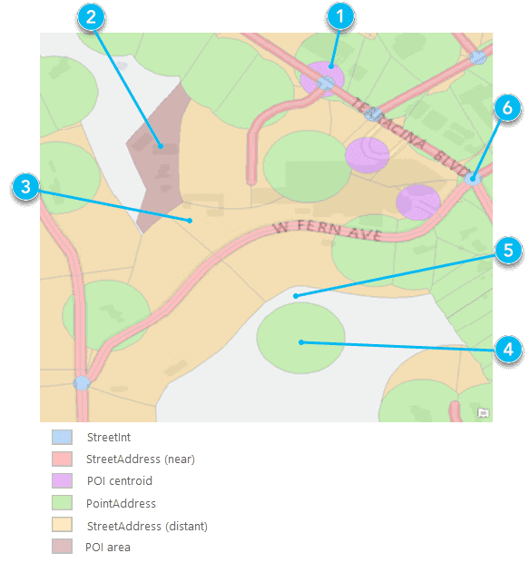 Buffers illustrating the search tolerance of different feature types for reverse geocoding.