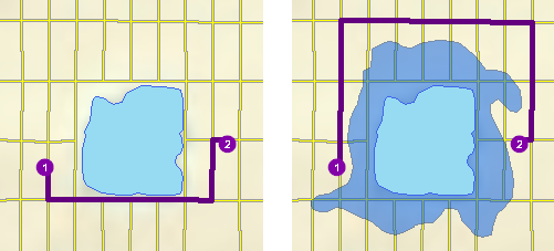 Two maps demonstrate how a restriction polygon barrier affects finding a route between two stops.