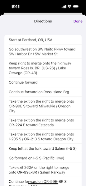 Screenshot of Display route layer sample with list of directions